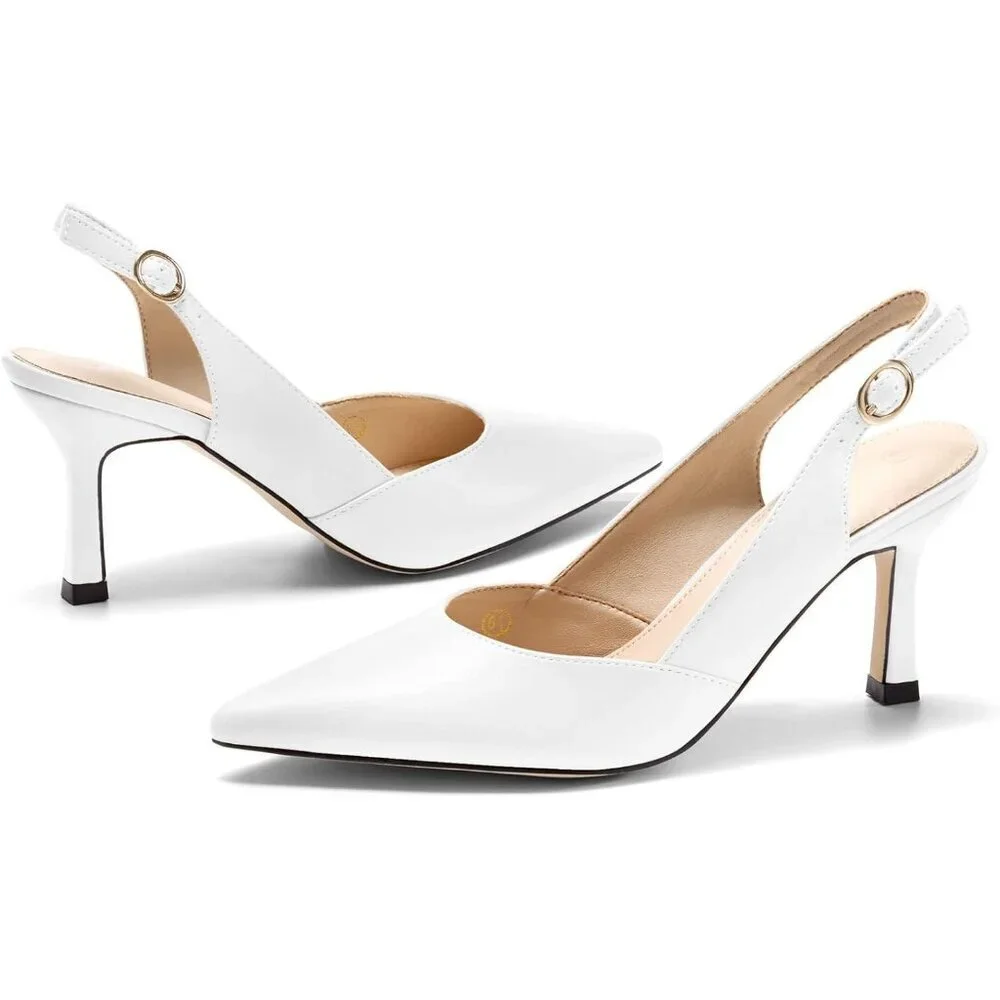 Women's White PU Kitten Heels Closed Pointed Toe Wedding Party Dress Pumps